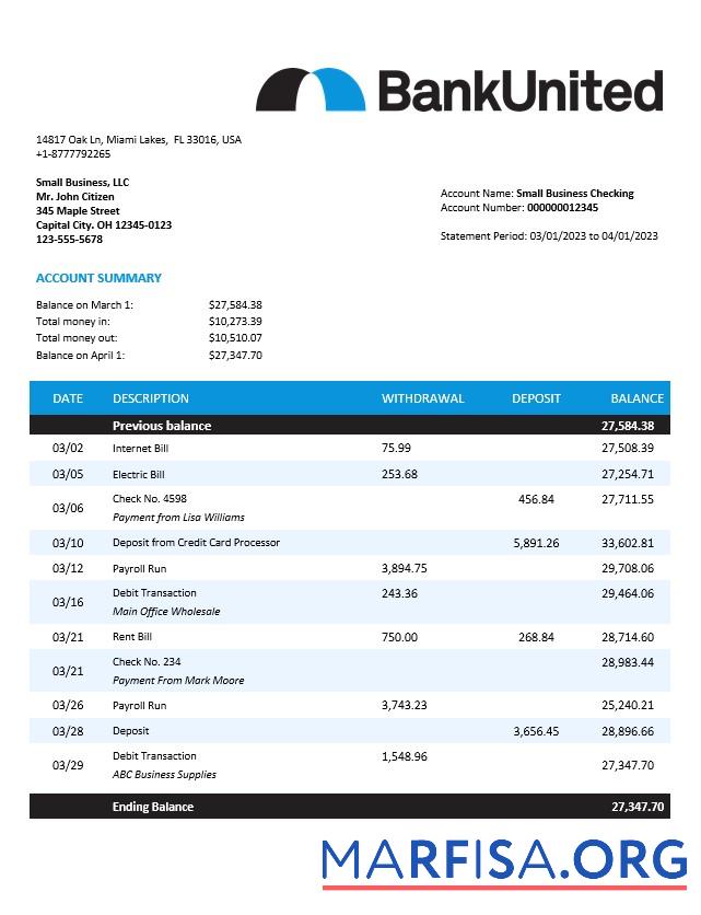 Printable BankUnited enterprise account statement Word and PDF template